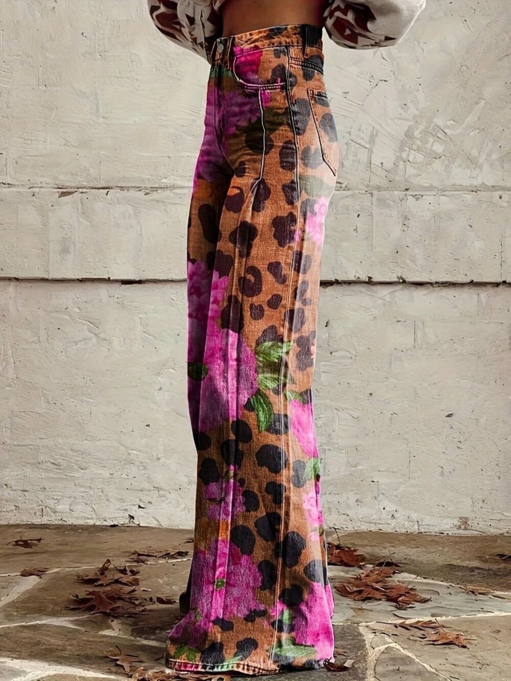 Black Casual Women's Leopard Print 3d Printed Wide Leg Jeans - Picture 2 of 2
